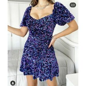 ZARA M sequin mini dress puff sleeve blue pink purple